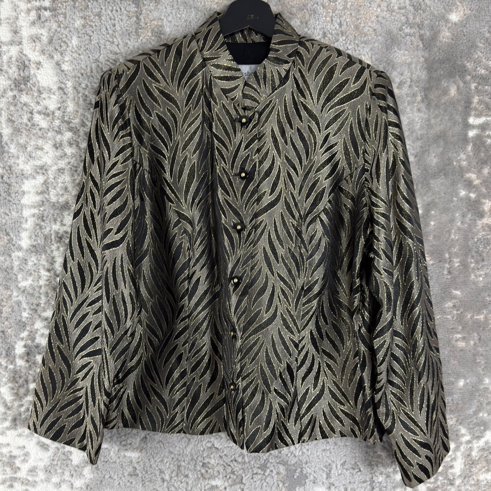 Dressbarn Size 14W Metallic Leaf Brocade Blazer Jacket Black Gold Long Sleeve